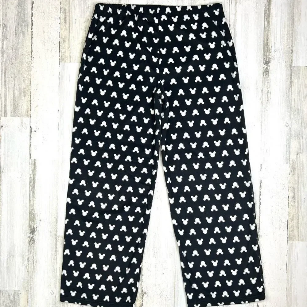 Disney Women's Mickey Mouse Wide Leg Fleece Pajama Pants L Black White Stretch - Picture 2 of 8